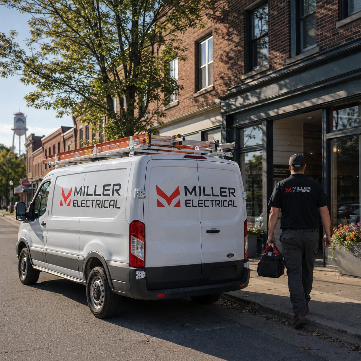 Miller Electrical van parked on a historic downtown main street while an electrician carries a tool bag toward a storefront