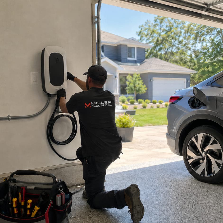 Miller Electrical electrician installing a wall-mounted Level 2 EV charger in a garage beside a plugged-in electric SUV