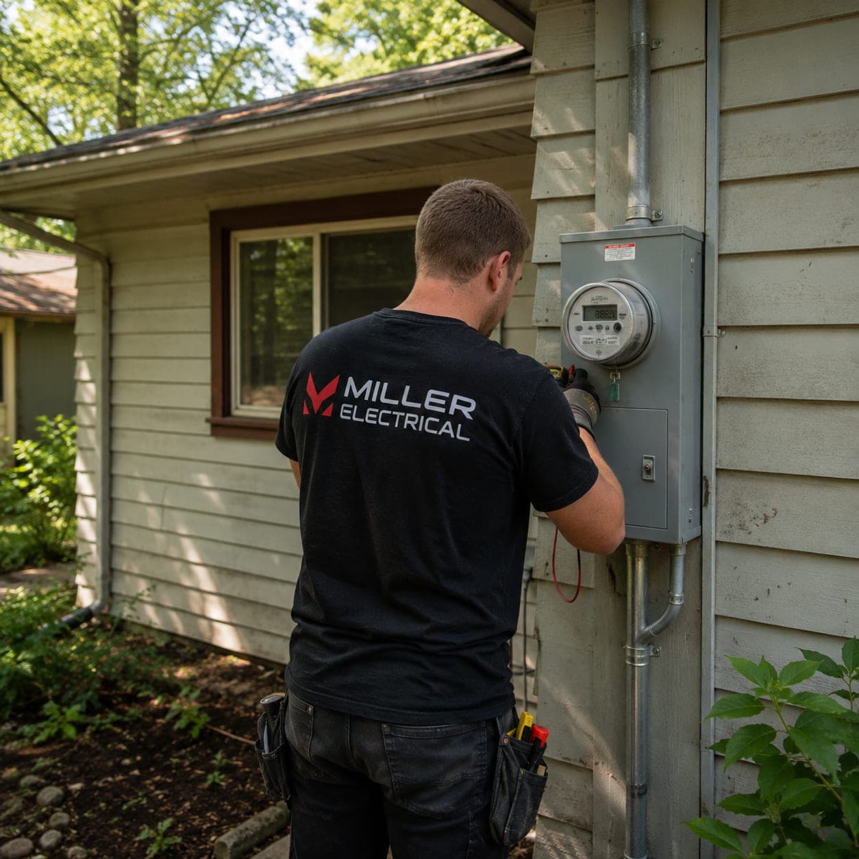 Miller Electrical electrician checking the exterior meter and service equipment on an older single-story home
