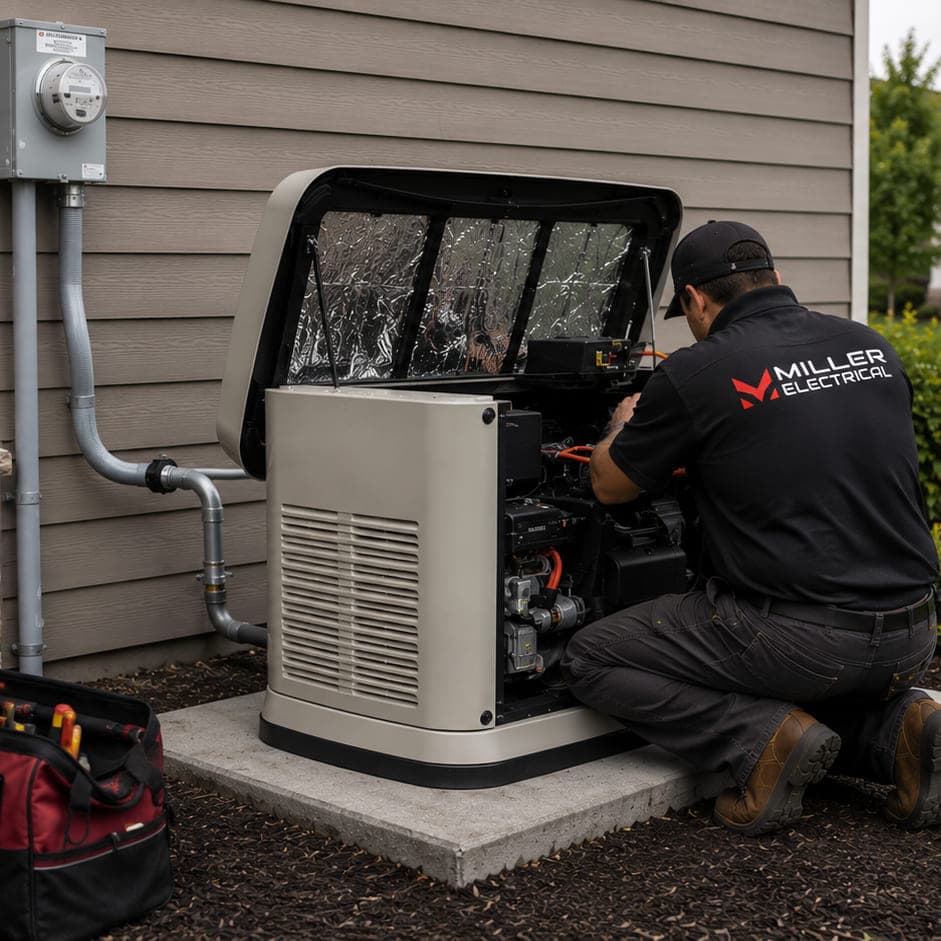 Miller Electrical technician servicing a standby generator with the enclosure open, beside the home's meter and disconnect