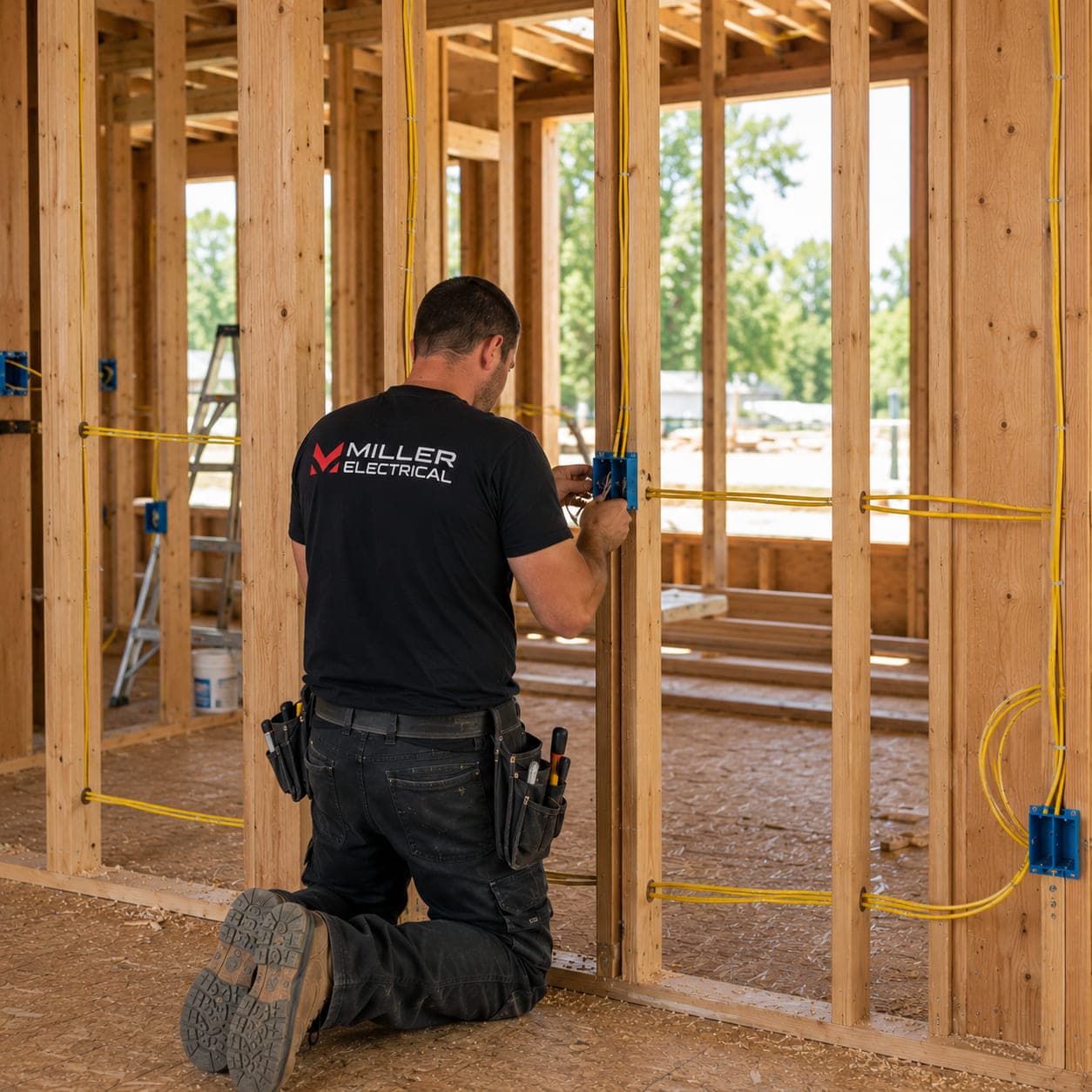 Miller Electrical electrician wiring a device box during rough-in on a custom home, open studs and yellow cable runs visible