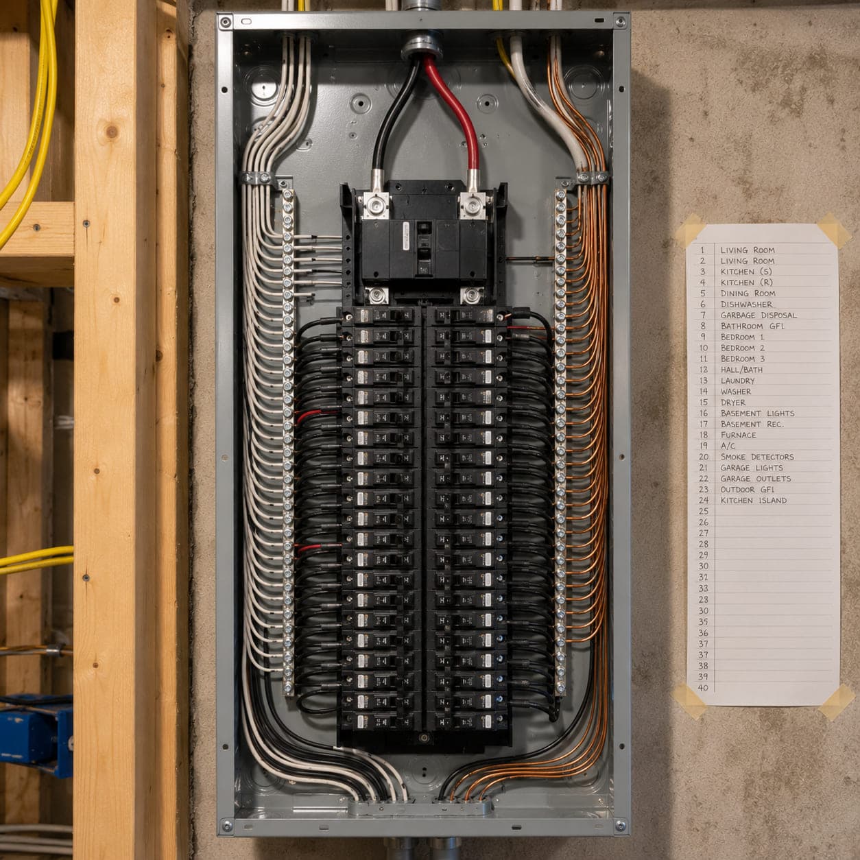 Electrical panel finished by Miller Electrical with neatly dressed circuit conductors and a handwritten circuit directory