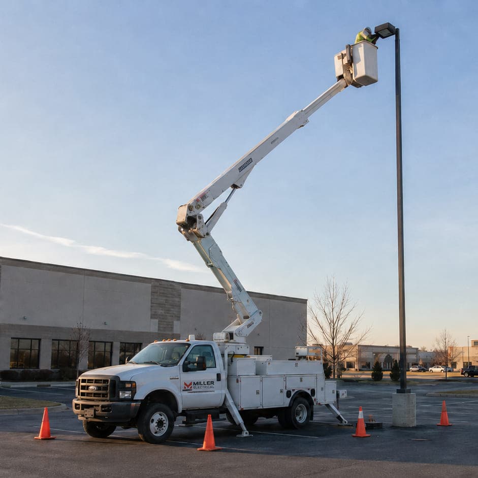 Miller Electrical bucket truck with the boom extended to a parking lot light pole, an electrician working at the fixture head