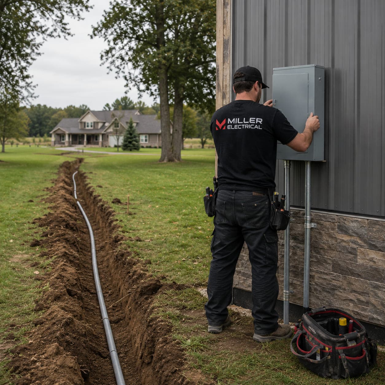 Miller Electrical electrician at a pole building subpanel with a freshly trenched conduit run crossing the lawn from the house