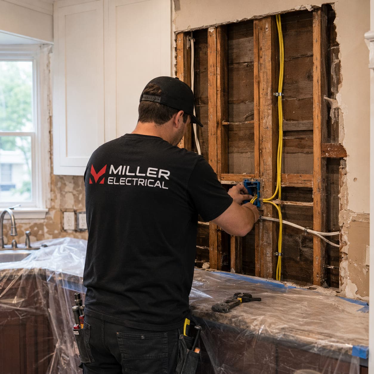 Miller Electrical electrician running new wiring to a device box in an opened kitchen wall during a remodel