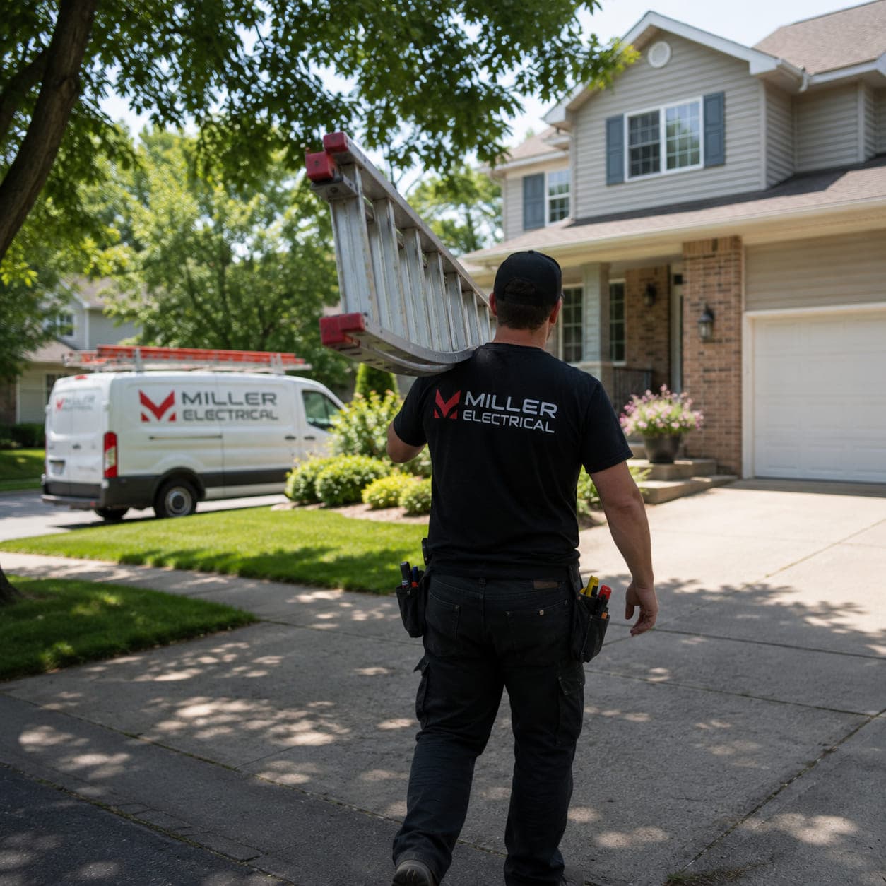 Miller Electrical electrician carrying a ladder up a driveway toward a customer's home, branded van at the curb