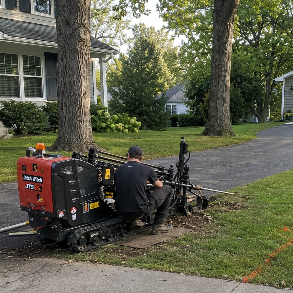 Miller Electrical crew running a Ditch Witch directional boring rig beside a residential driveway