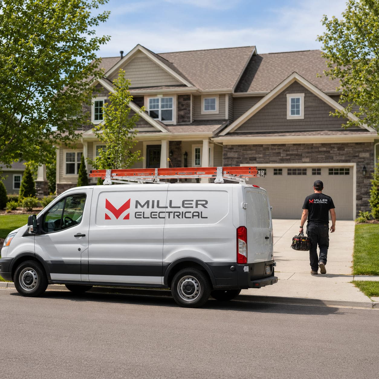 Miller Electrical van at the curb of a newer two-story home while an electrician carries a tool bag up the driveway