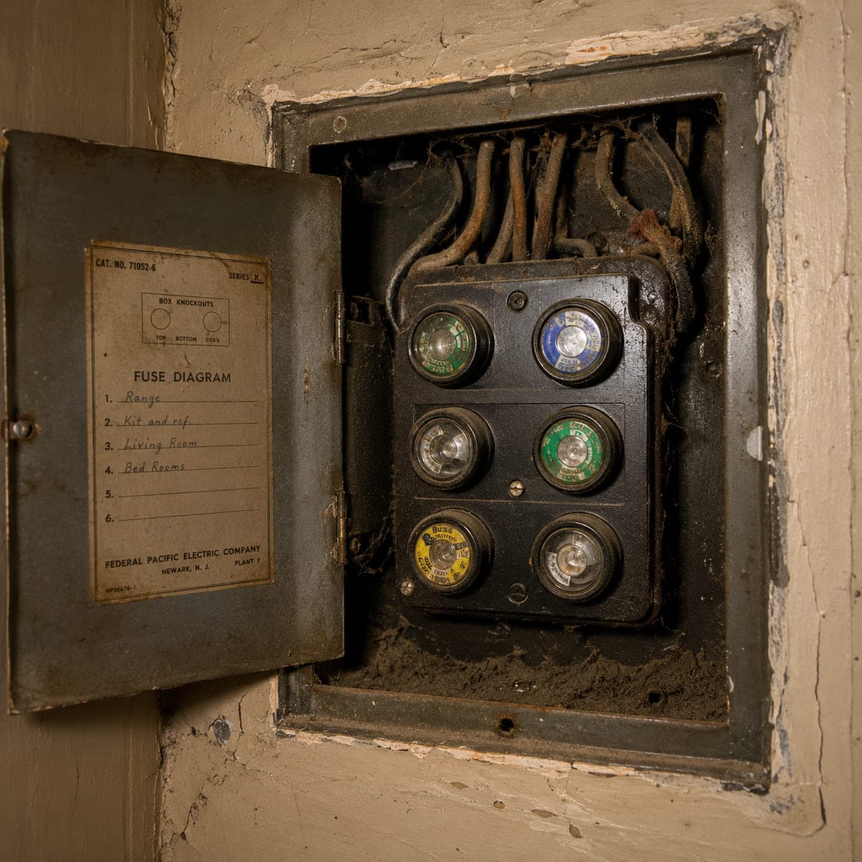 Original mid-century fuse box set into a plaster wall, door open to show six screw-in fuses and a handwritten fuse diagram